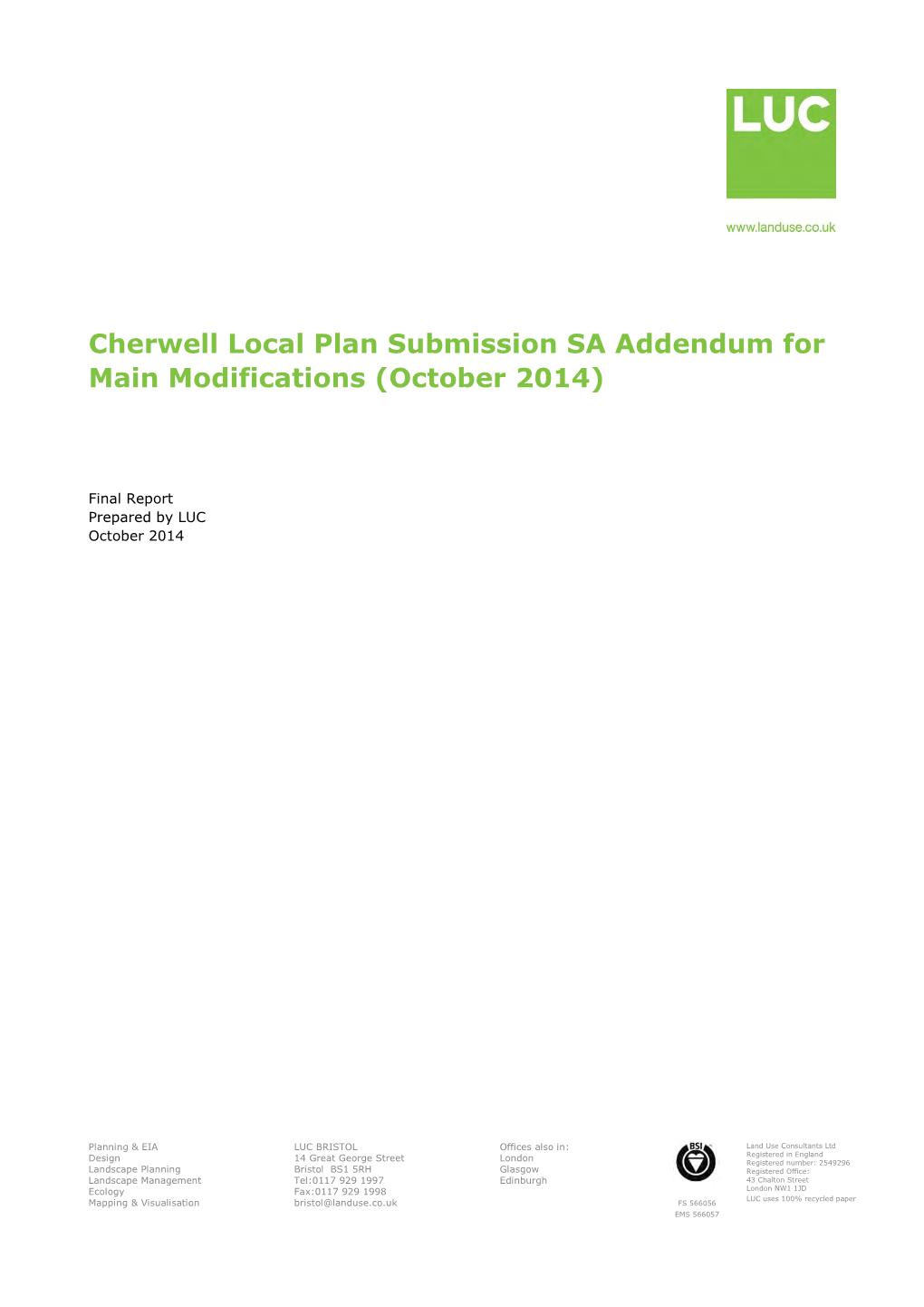 Submission Sustainability Appraisal Addendum for Main Modifications