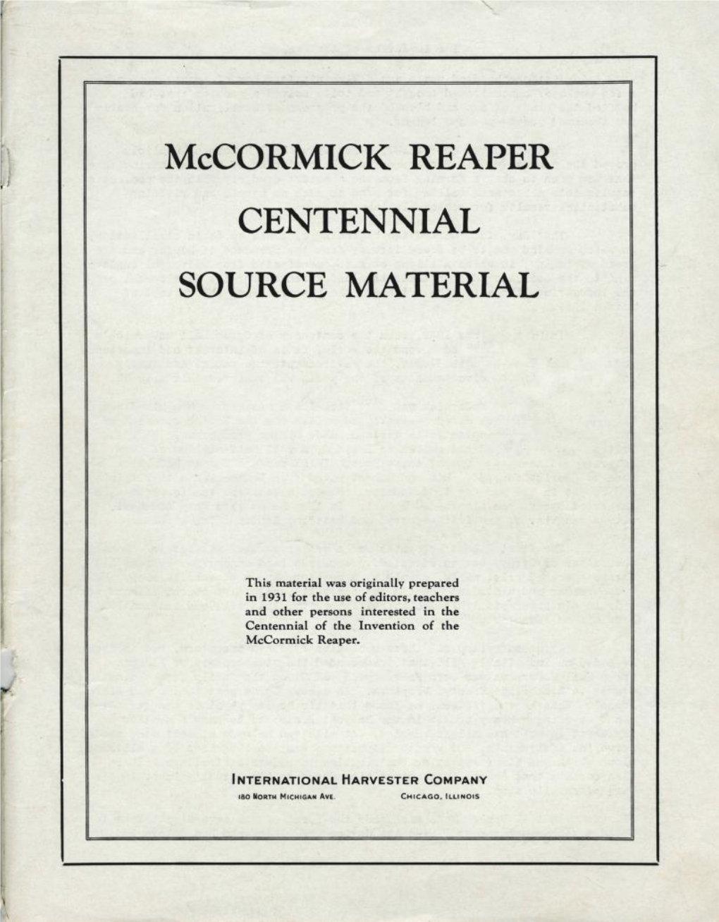 Mccormick REAPER CENTENNIAL SOURCE MATERIAL