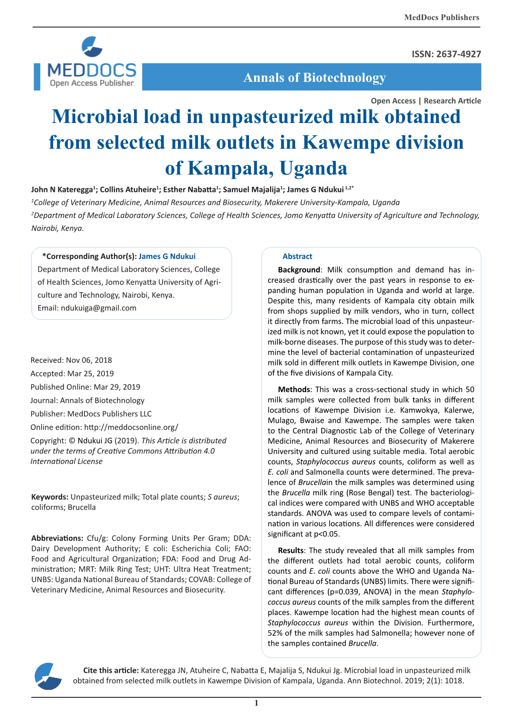 Microbial Load in Unpasteurized Milk Obtained from Selected Milk Outlets in Kawempe Division