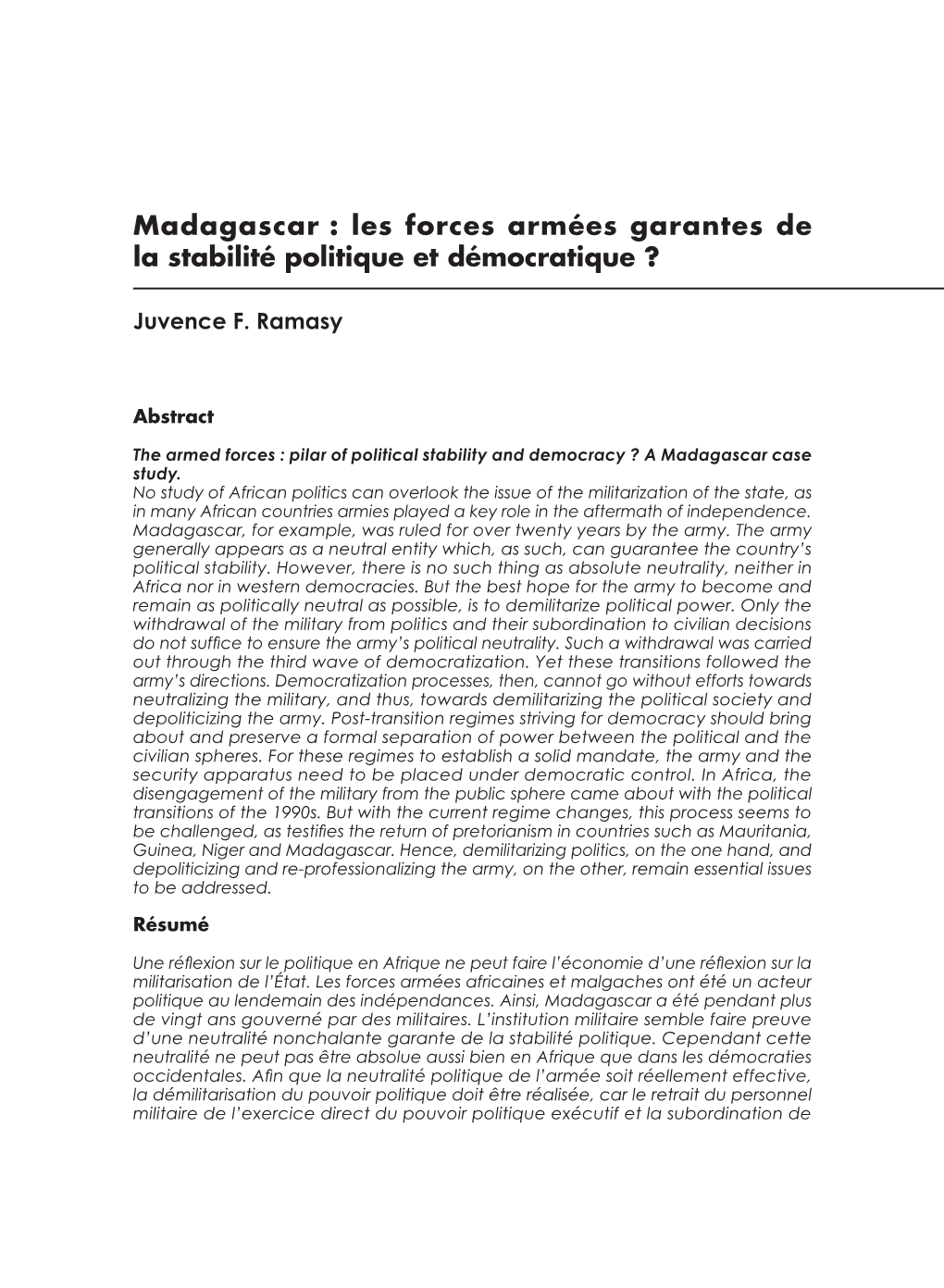 Madagascar : Les Forces Armées Garantes De La Stabilité Politique Et Démocratique ?
