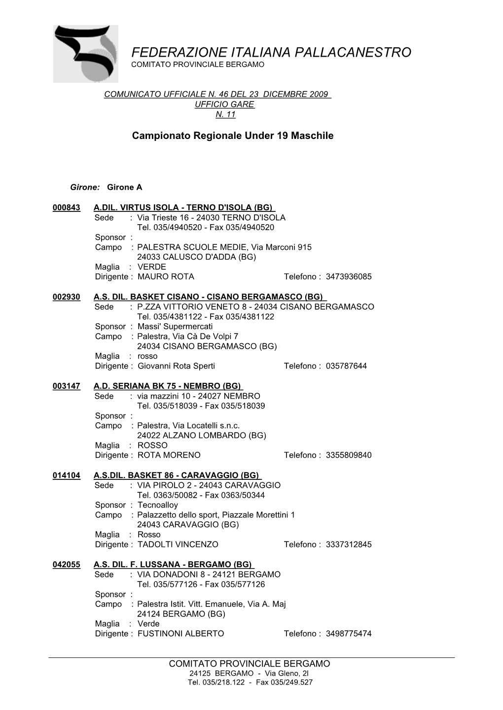 Federazione Italiana Pallacanestro Comitato Provinciale Bergamo