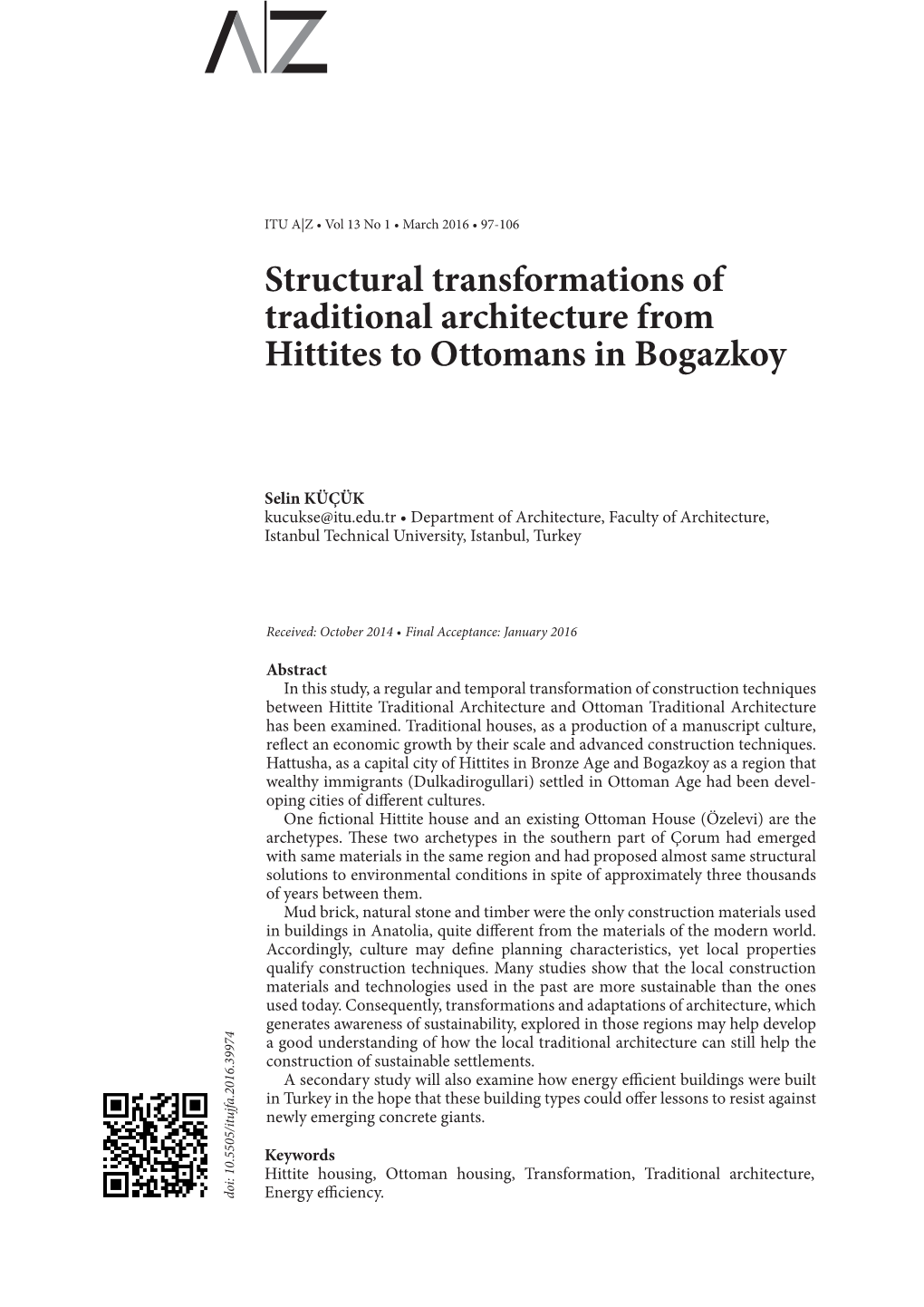 Structural Transformations of Traditional Architecture from Hittites to Ottomans in Bogazkoy