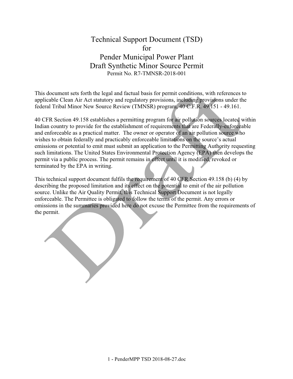 Technical Support Document (TSD) for Pender Municipal Power Plant Draft Synthetic Minor Source Permit Permit No