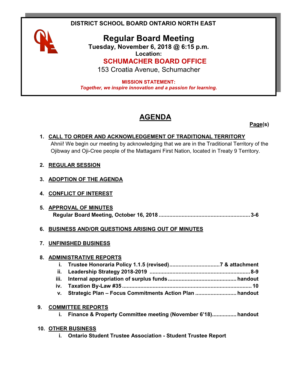 Regular Board Meeting Tuesday, November 6, 2018 @ 6:15 P.M