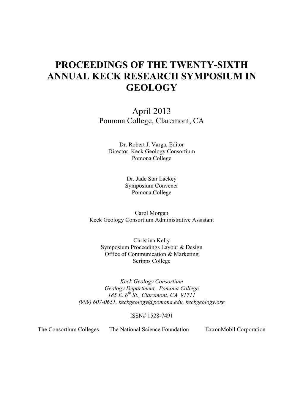 Proceedings of the Twenty-Sixth Annual Keck Research Symposium in Geology