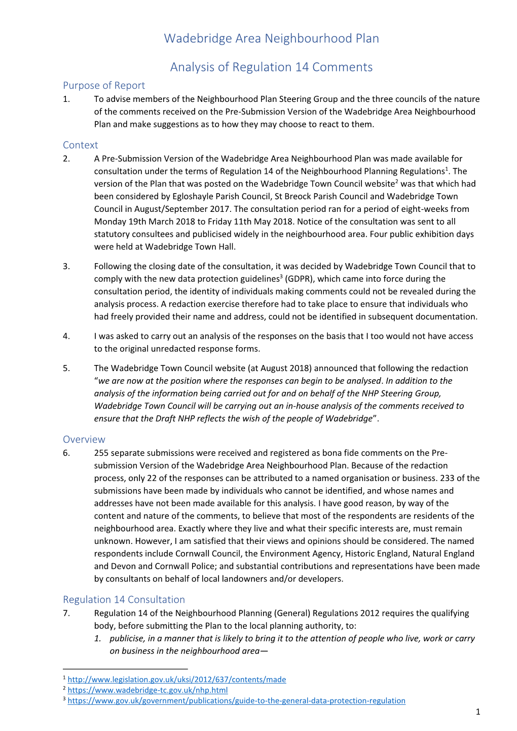 Wadebridge Area Draft NHP Regulation 14 Consultation Report