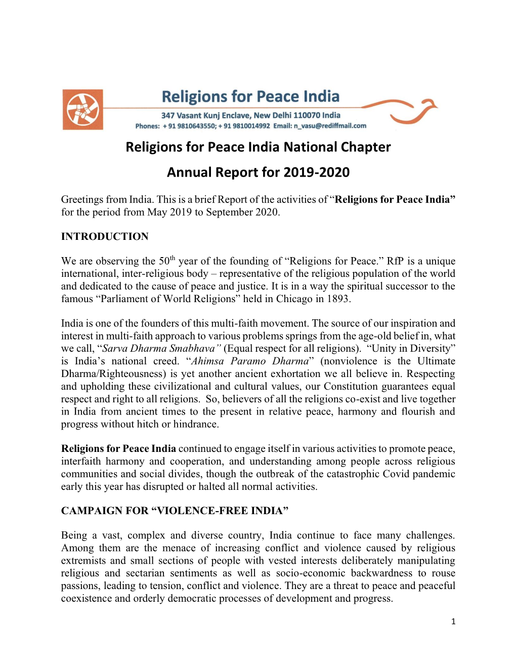 Religions for Peace India National Chapter Annual Report for 2019-2020