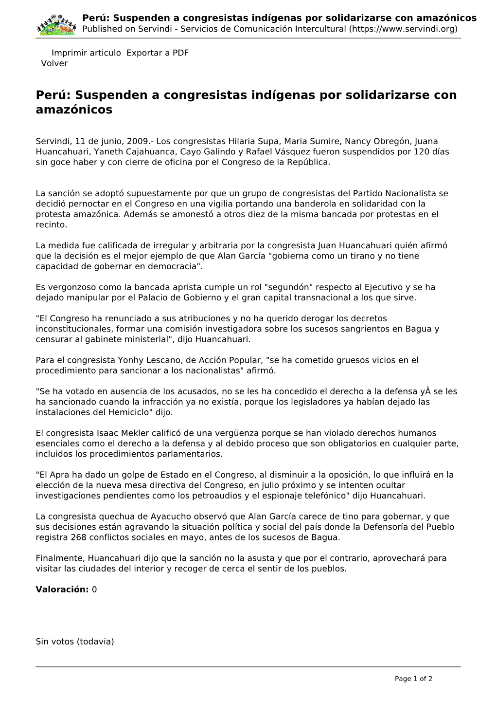 Perú: Suspenden a Congresistas Indígenas Por Solidarizarse Con Amazónicos Published on Servindi - Servicios De Comunicación Intercultural (