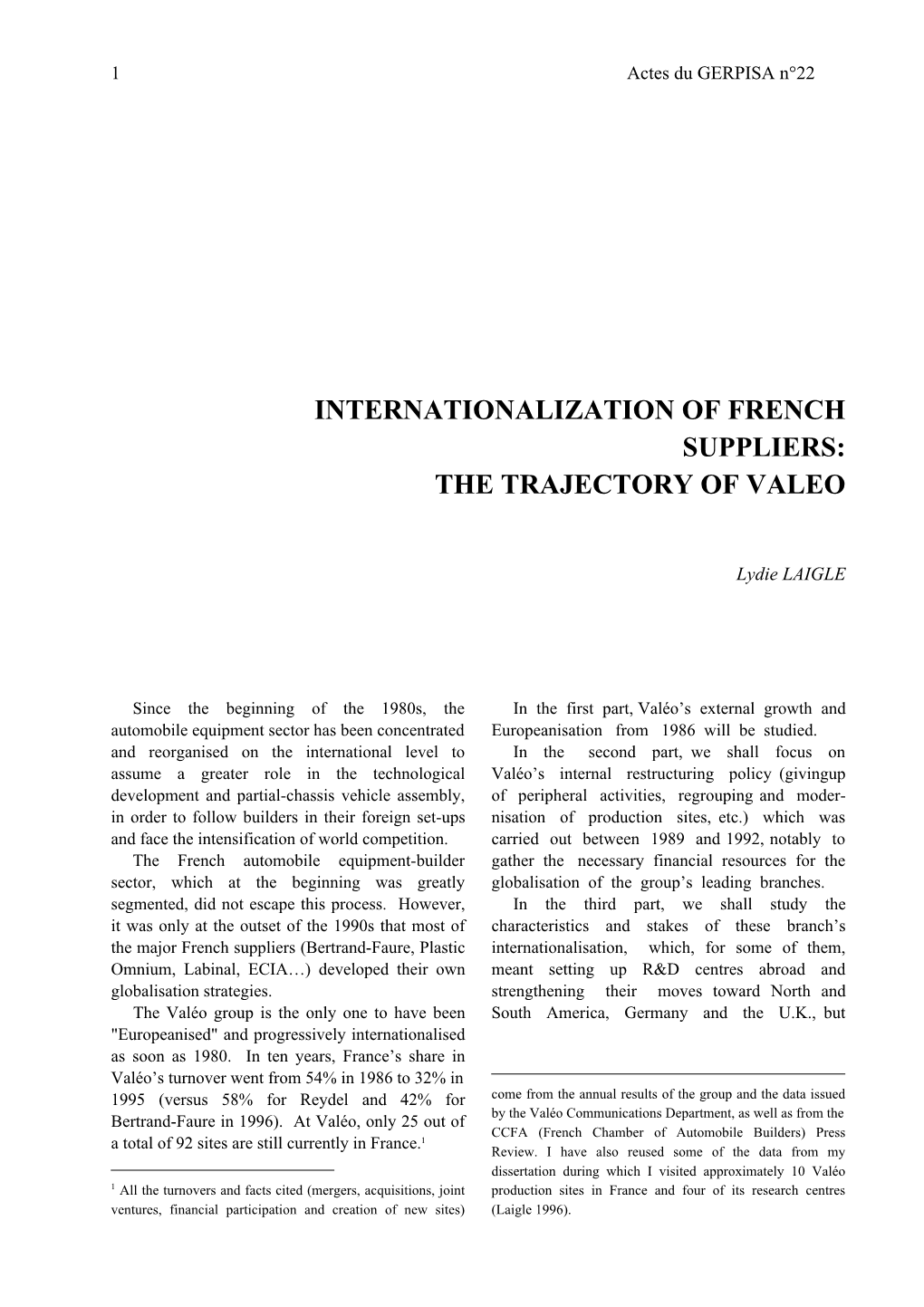 Internationalization of French Suppliers: the Trajectory of Valeo