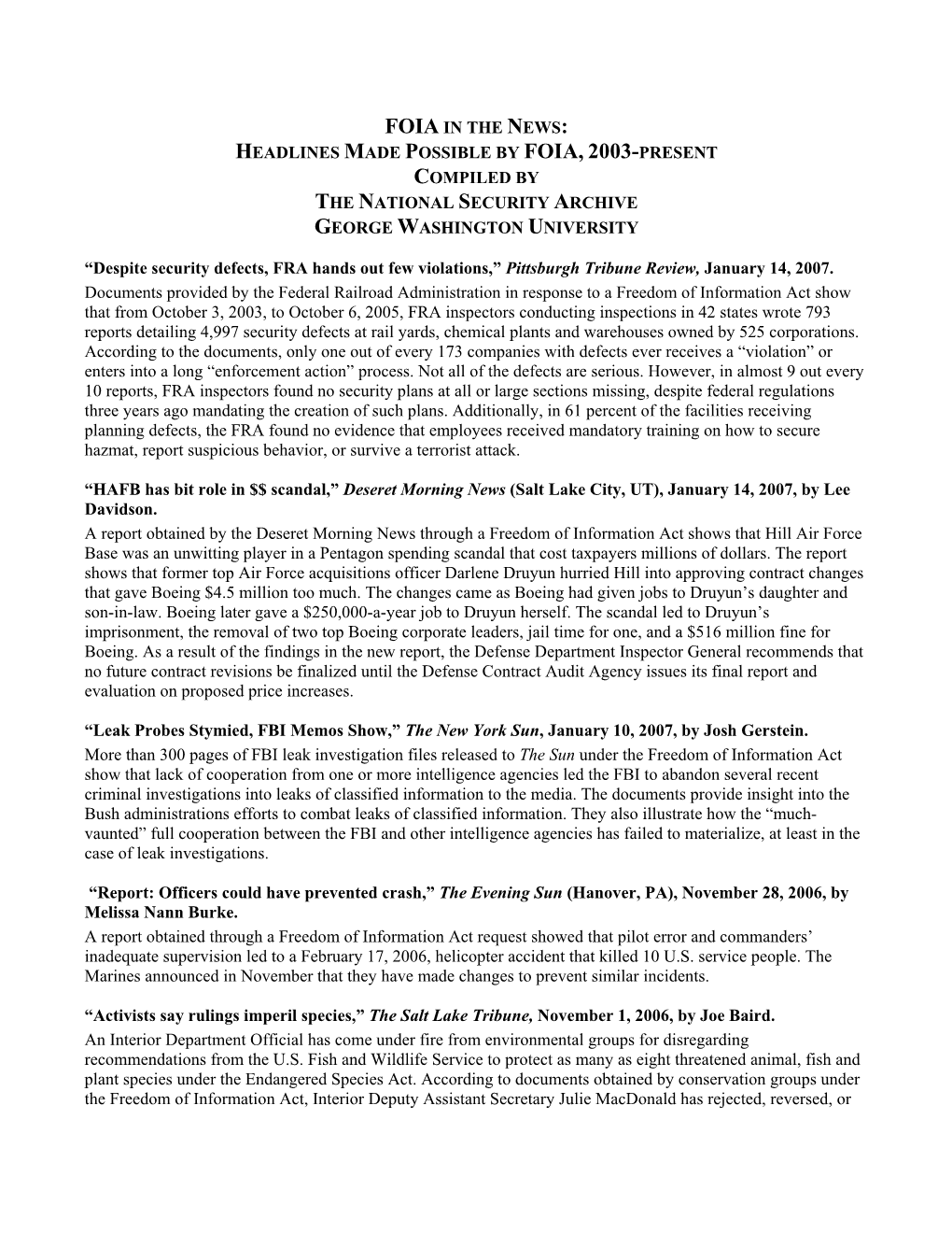 Foia in the News: Headlines Made Possible by Foia, 2003-Present Compiled by the National Security Archive George Washington University