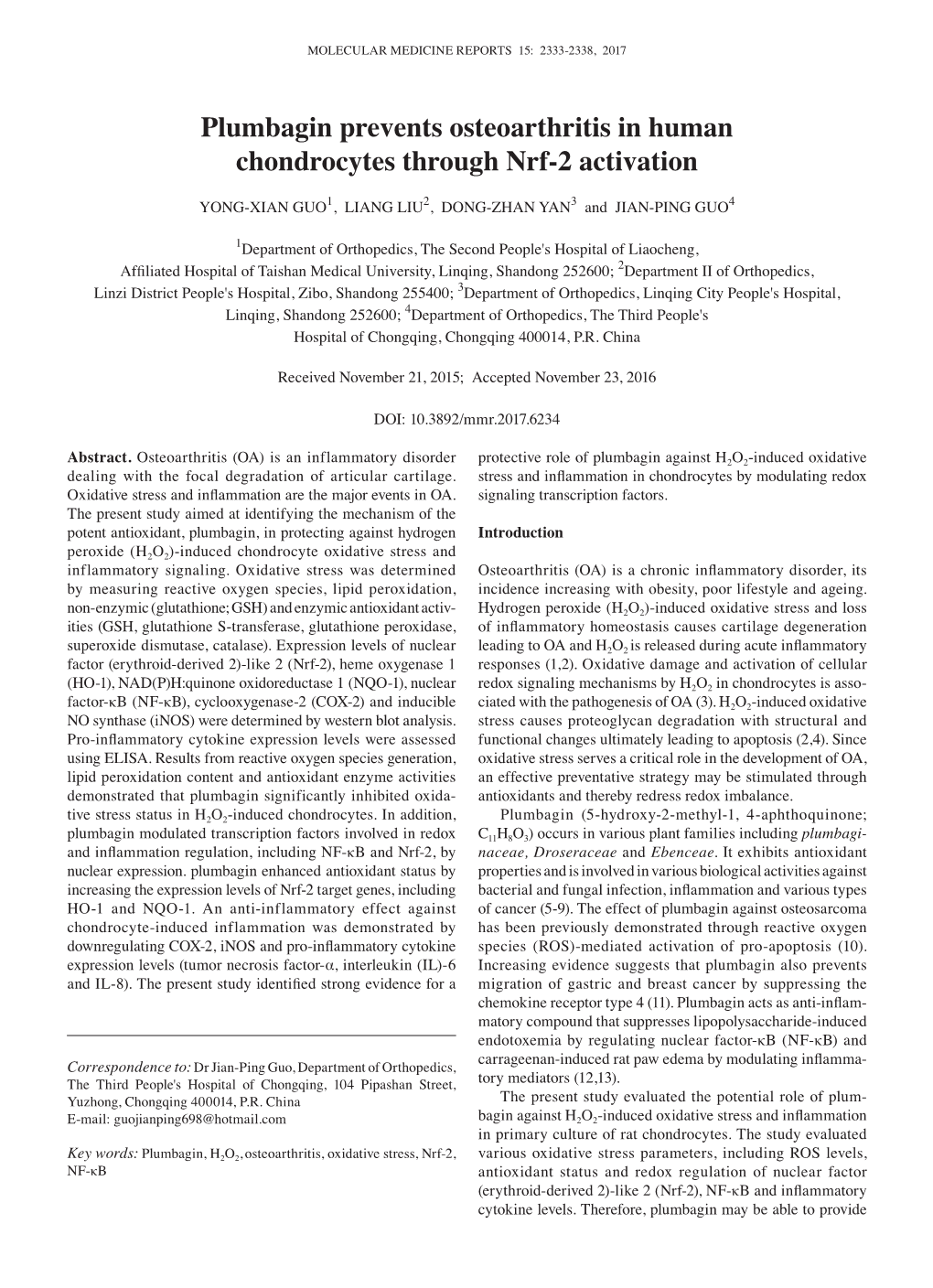 Plumbagin Prevents Osteoarthritis in Human Chondrocytes Through Nrf-2 Activation