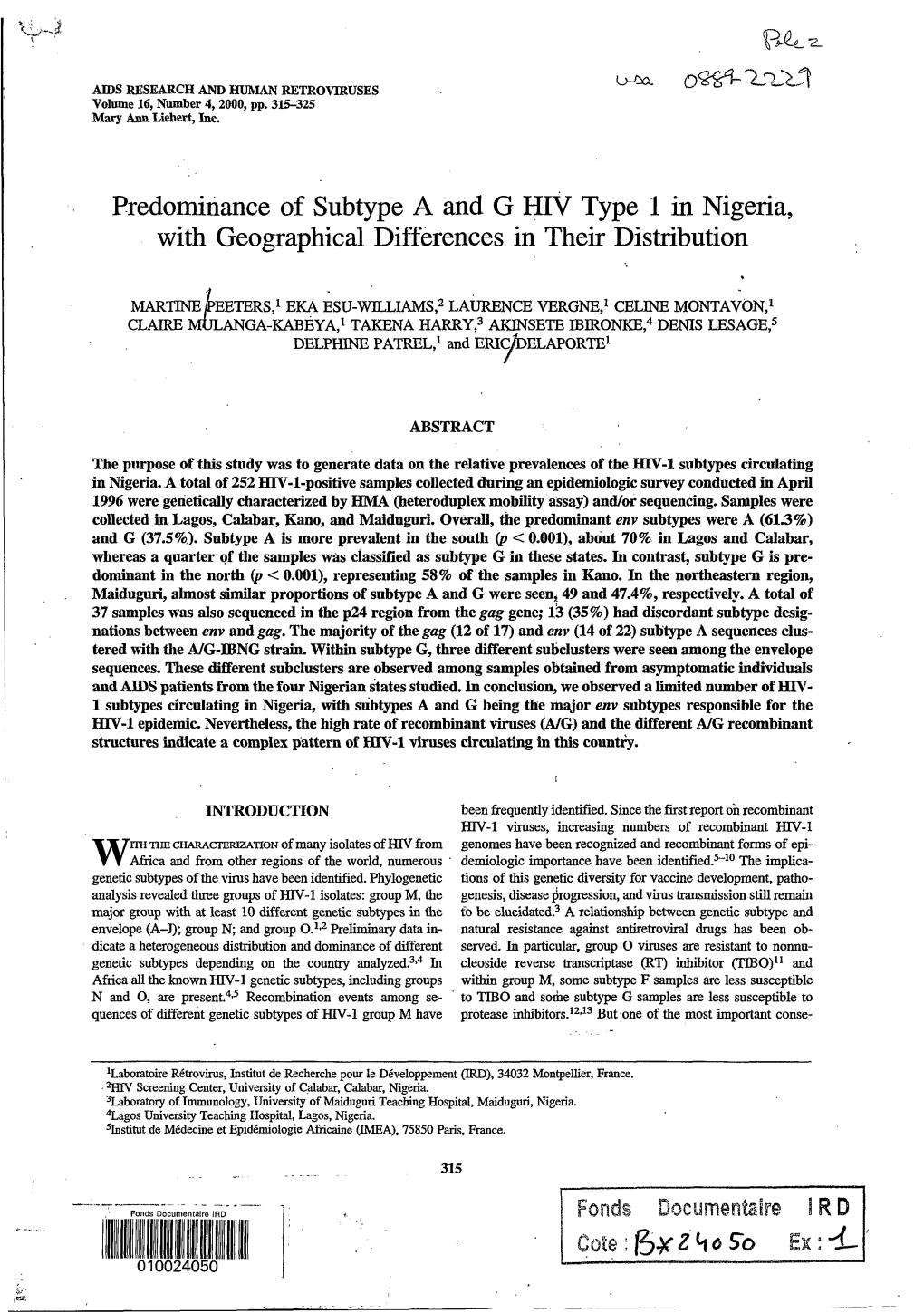 Predominance of Subtype a and G HIV Type 1 in Nigeria, with Geographical Differences in Their Distribution