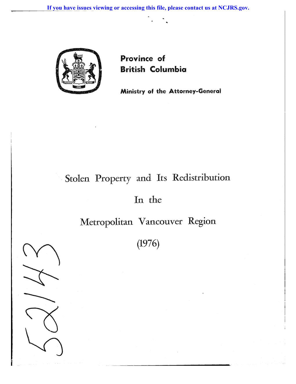 Stolen Property and Its Redistribution in the Metropolitan Vancouver Region (1976)