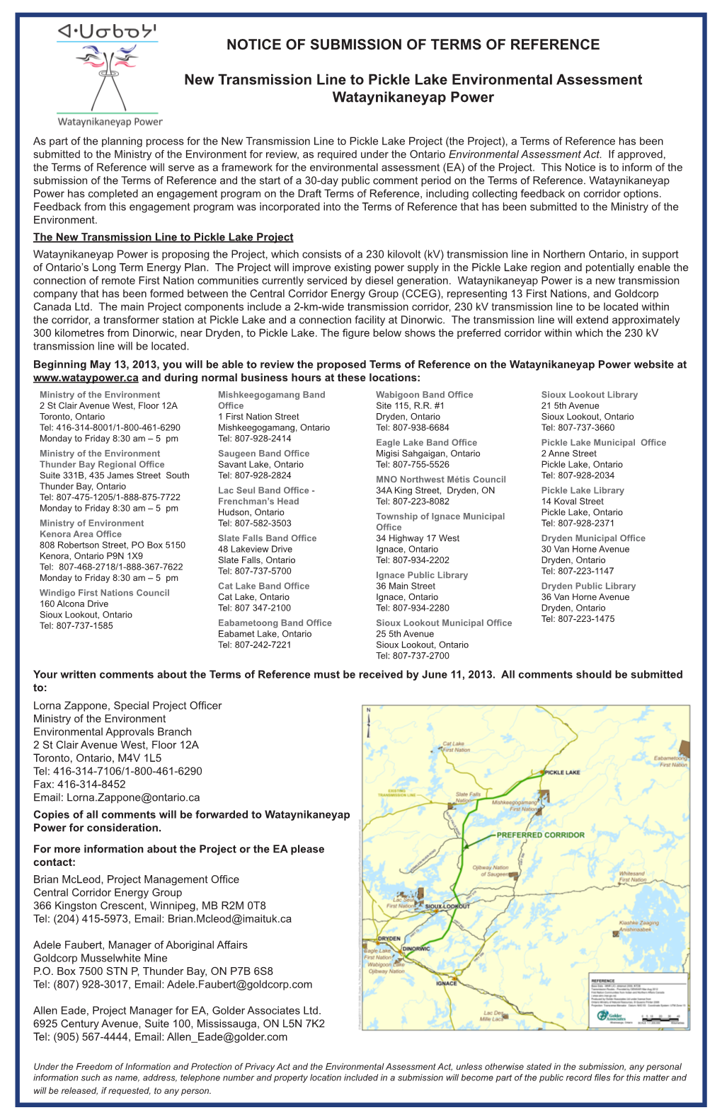 NOTICE of SUBMISSION of TERMS of REFERENCE New