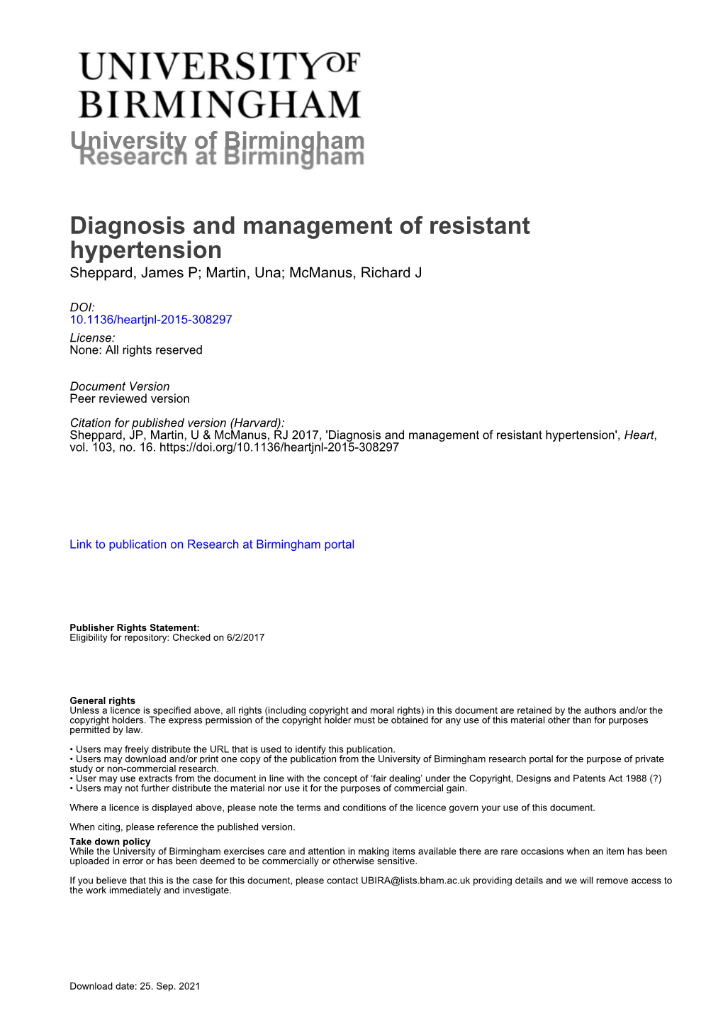 University of Birmingham Diagnosis and Management of Resistant