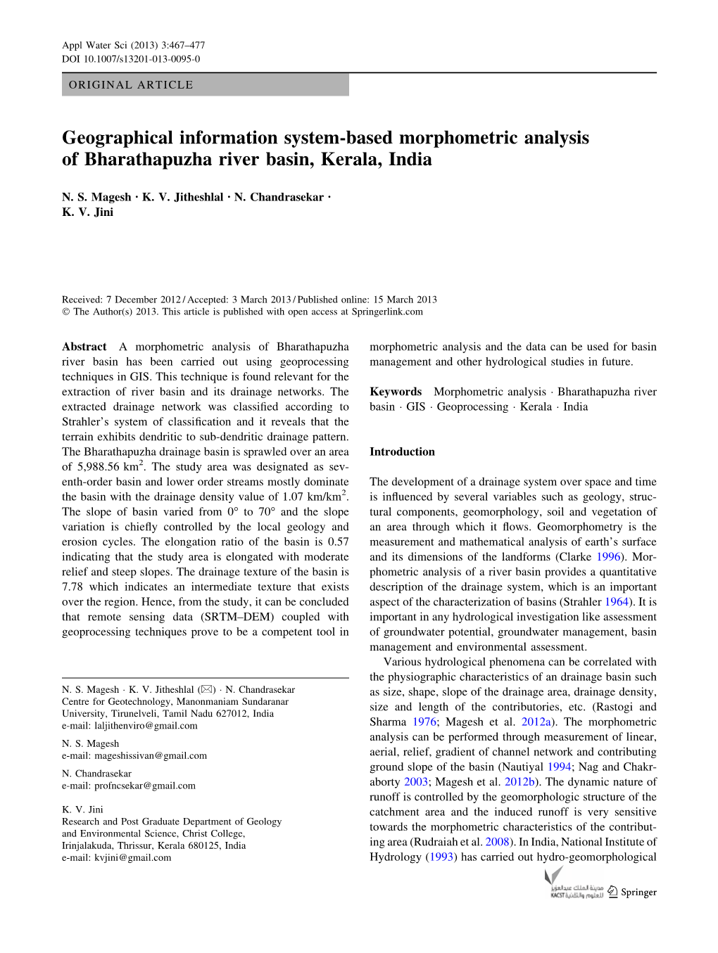 Geographical Information System-Based Morphometric Analysis of Bharathapuzha River Basin, Kerala, India