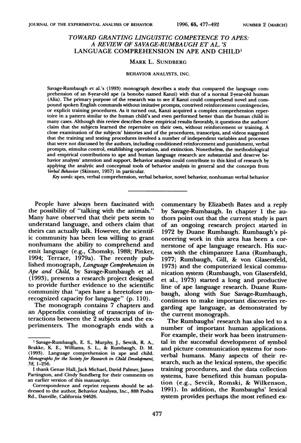 Toward Granting Linguistic Competence to Apes: a Review of Savage-Rumba Ugh Et Al