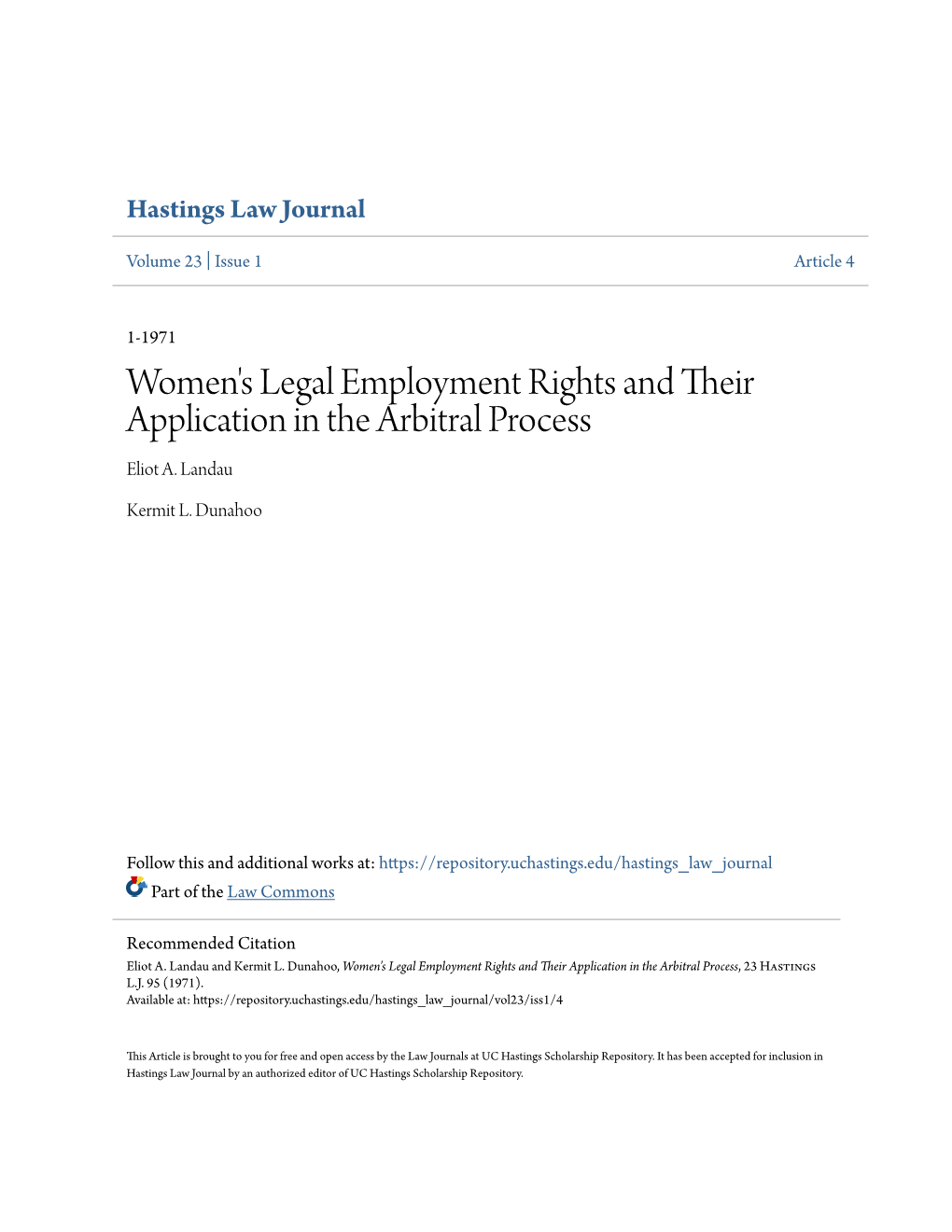 Women's Legal Employment Rights and Their Application in the Arbitral Process Eliot A