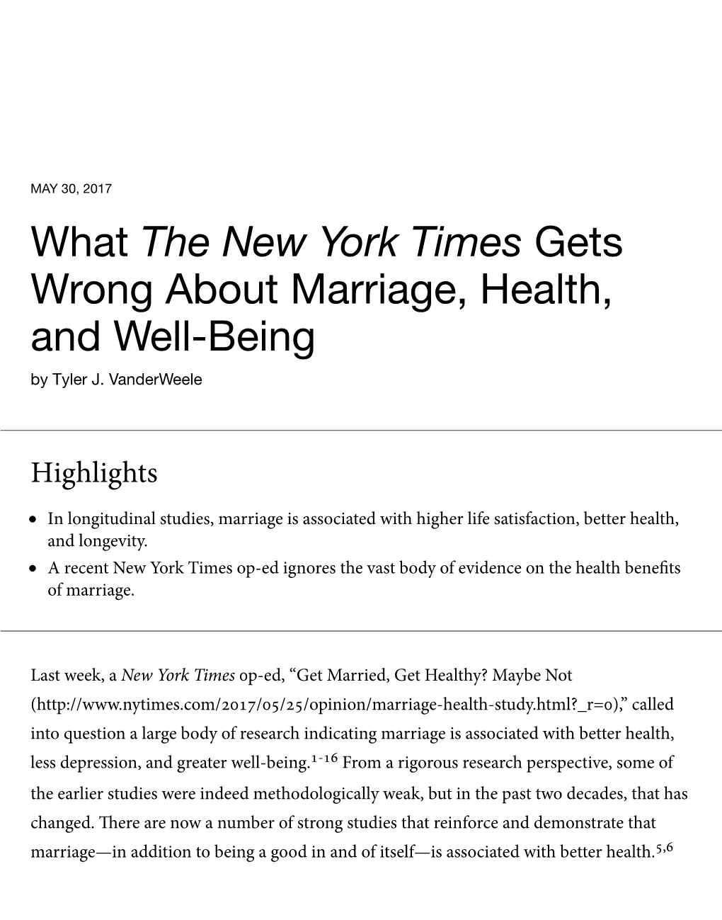 What the New York Times Gets Wrong About Marriage, Health, and Well-Being by Tyler J