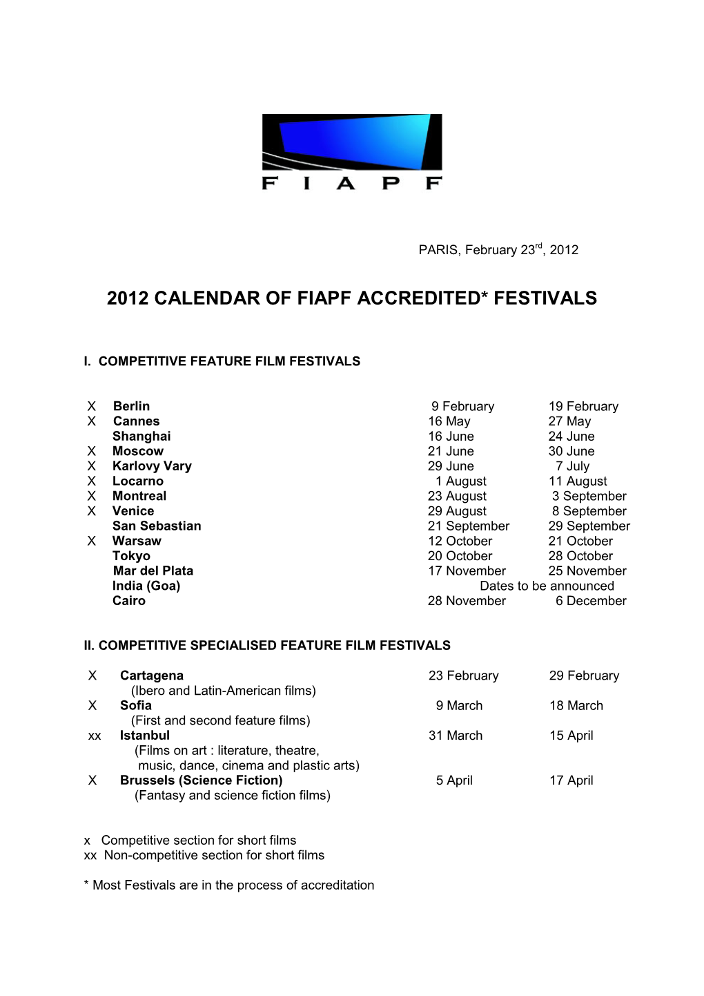2012 Calendar of Fiapf Accredited* Festivals