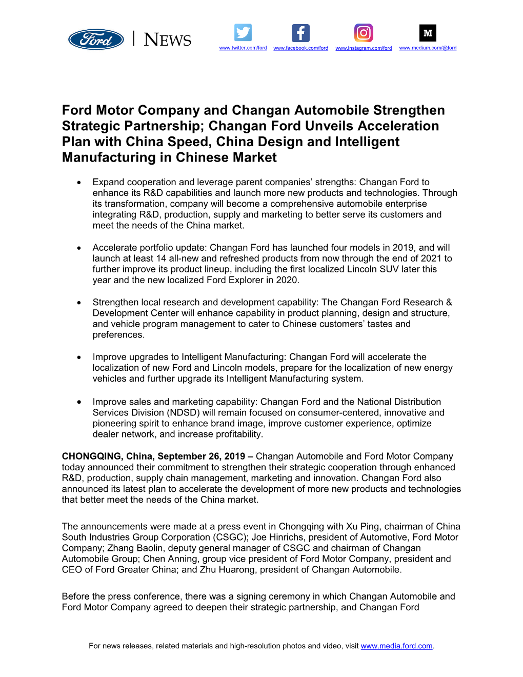 Ford Motor Company and Changan Automobile Strengthen Strategic