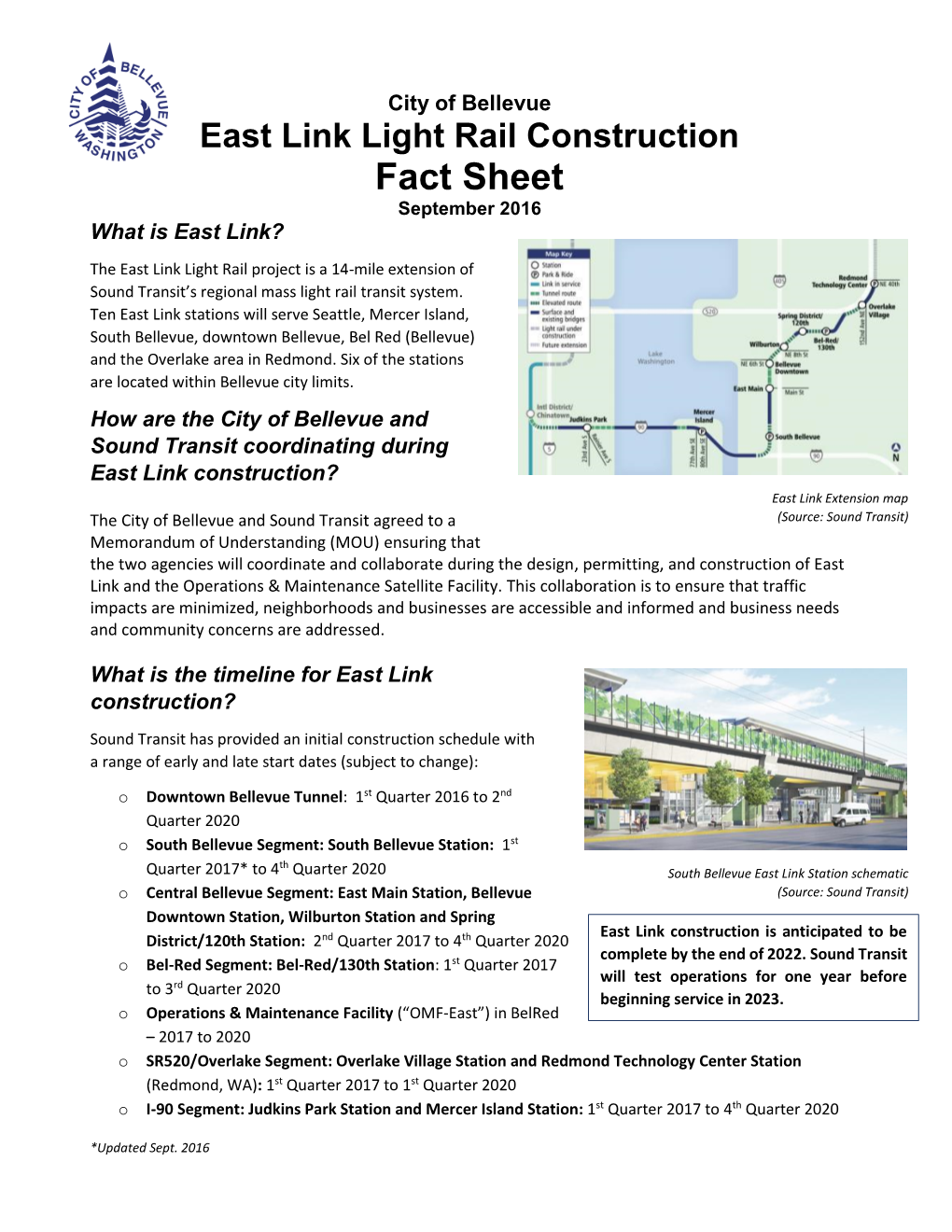 Fact Sheet September 2016 What Is East Link?