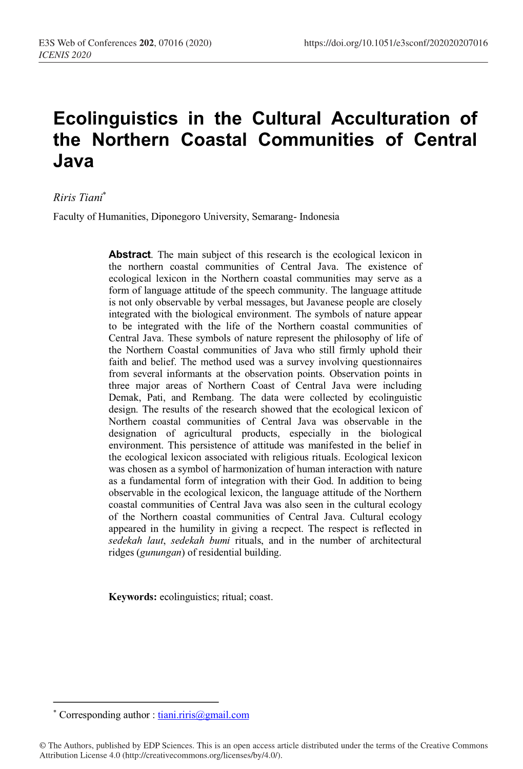 Ecolinguistics in the Cultural Acculturation of the Northern Coastal Communities of Central Java