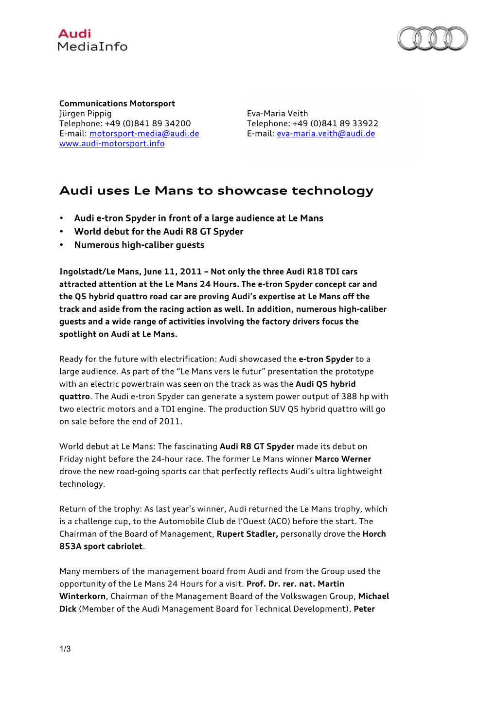 Audi Uses Le Mans to Showcase Technology