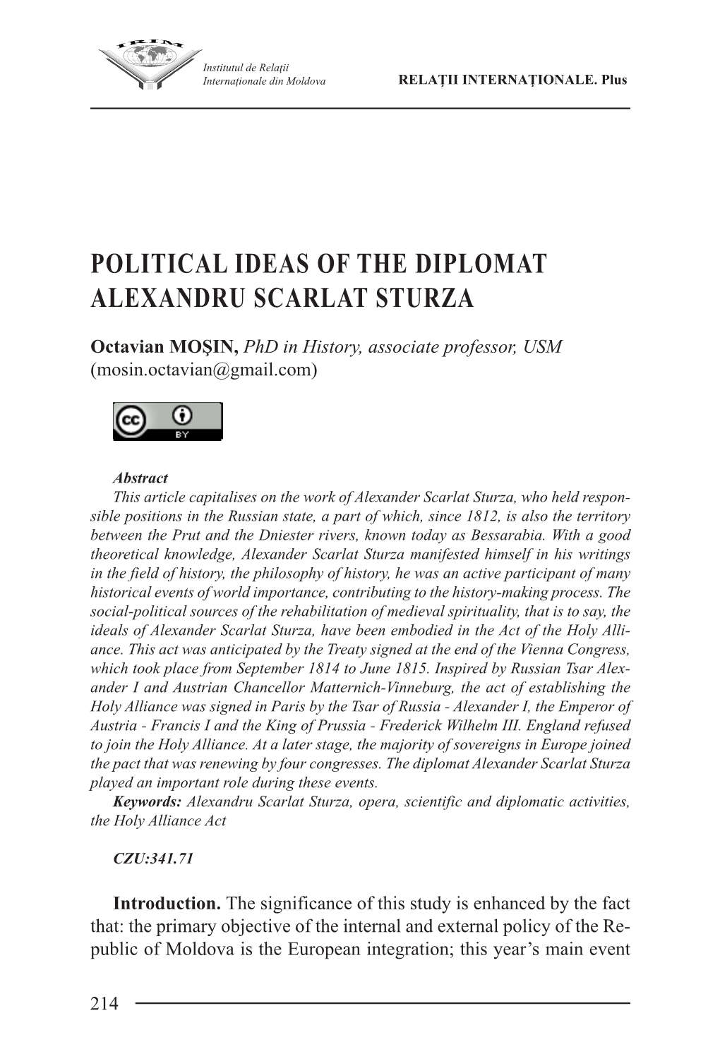 Political Ideas of the Diplomat Alexandru Scarlat Sturza