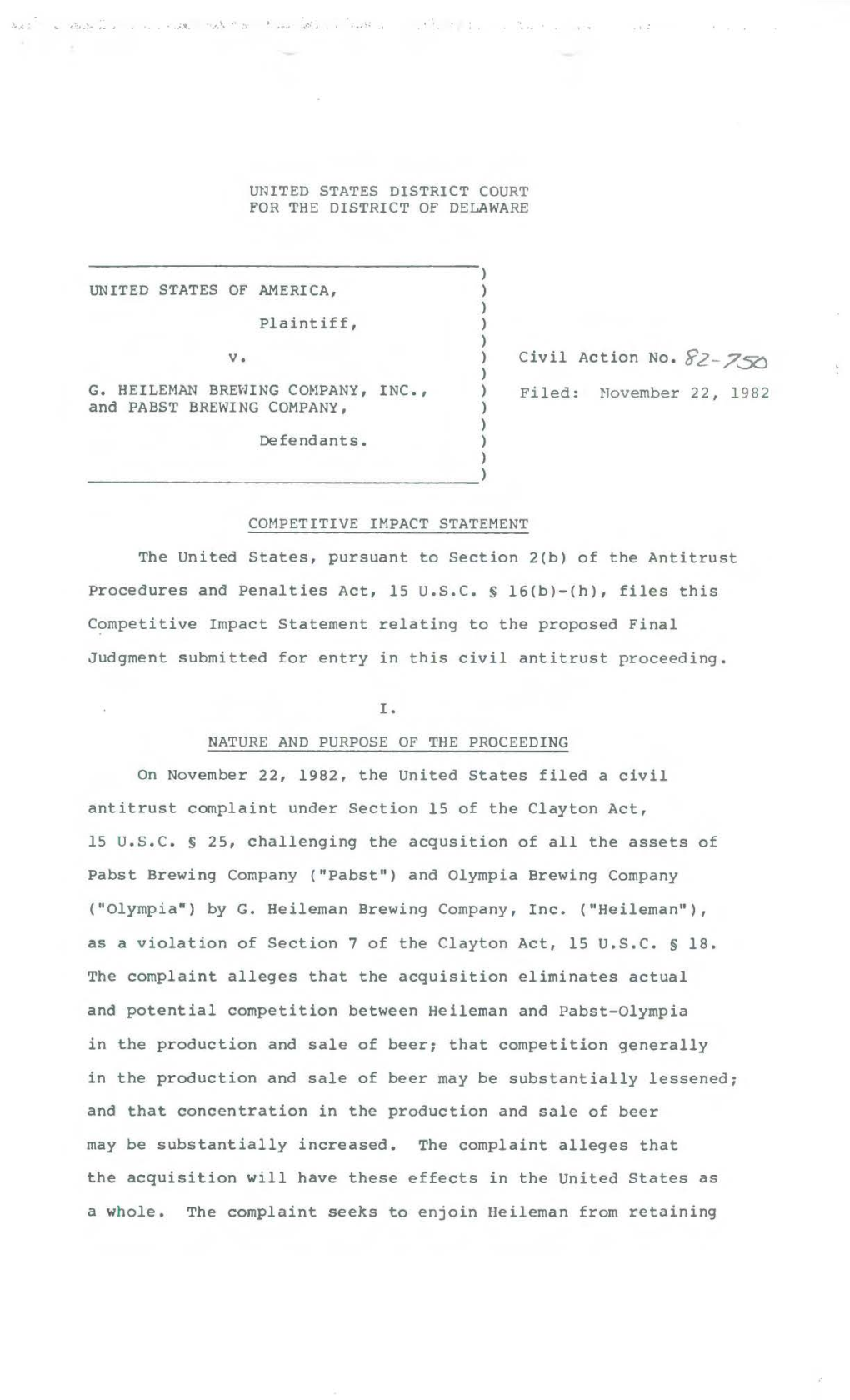 Competitive Impact Statement: U.S. V. G.Heileman Brewing Co. Inc., And