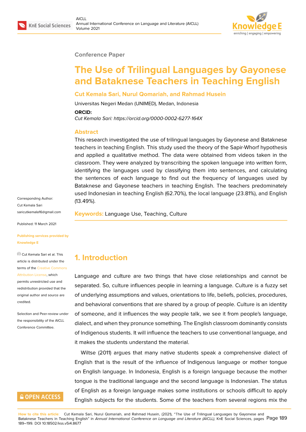 The Use of Trilingual Languages by Gayonese and Bataknese Teachers