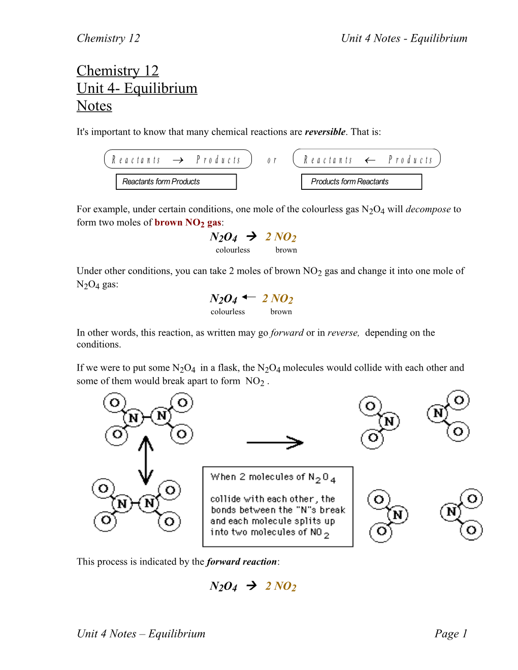 Chemistry 12 Unit 4 Notes - Equilibrium