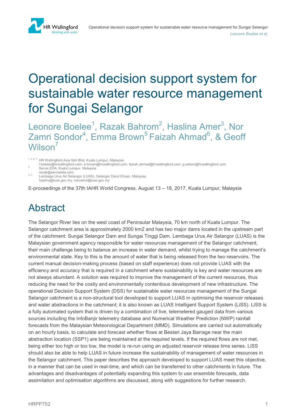 Operational Decision Support System for Sustainable Water Resource Management for Sungai Selangor Leonore Boelee Et Al