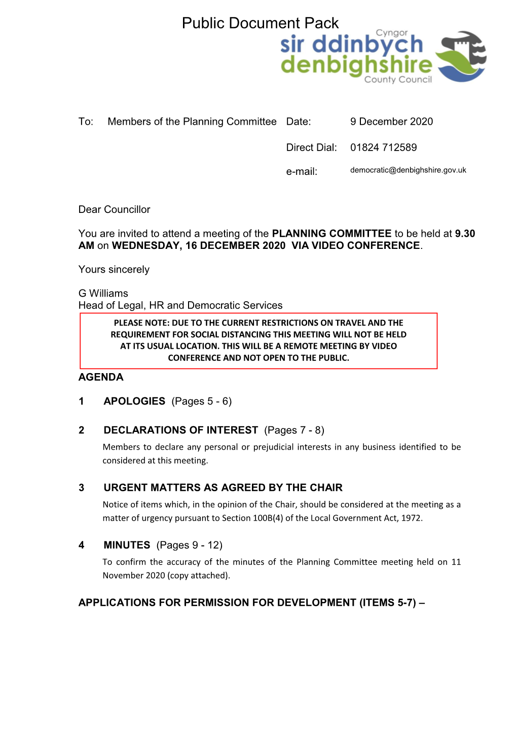 (Public Pack)Agenda Document for Planning Committee, 16/12/2020
