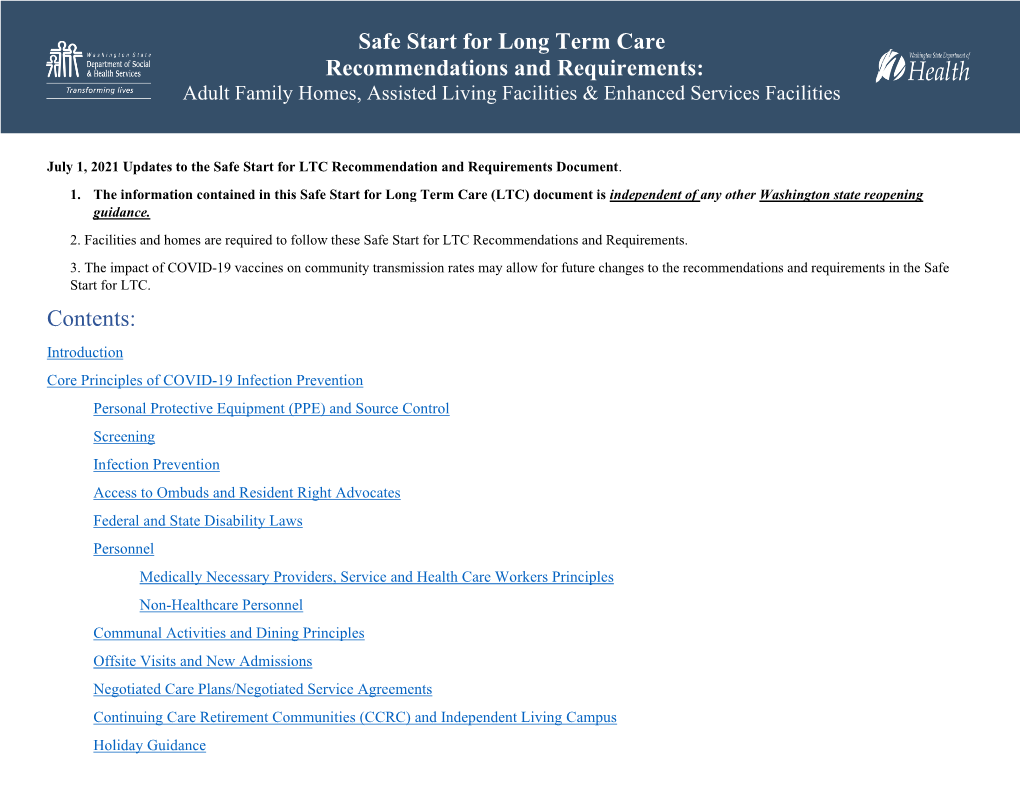 Safe Start for Long Term Care Recommendations and Requirements: Adult Family Homes, Assisted Living Facilities & Enhanced Services Facilities