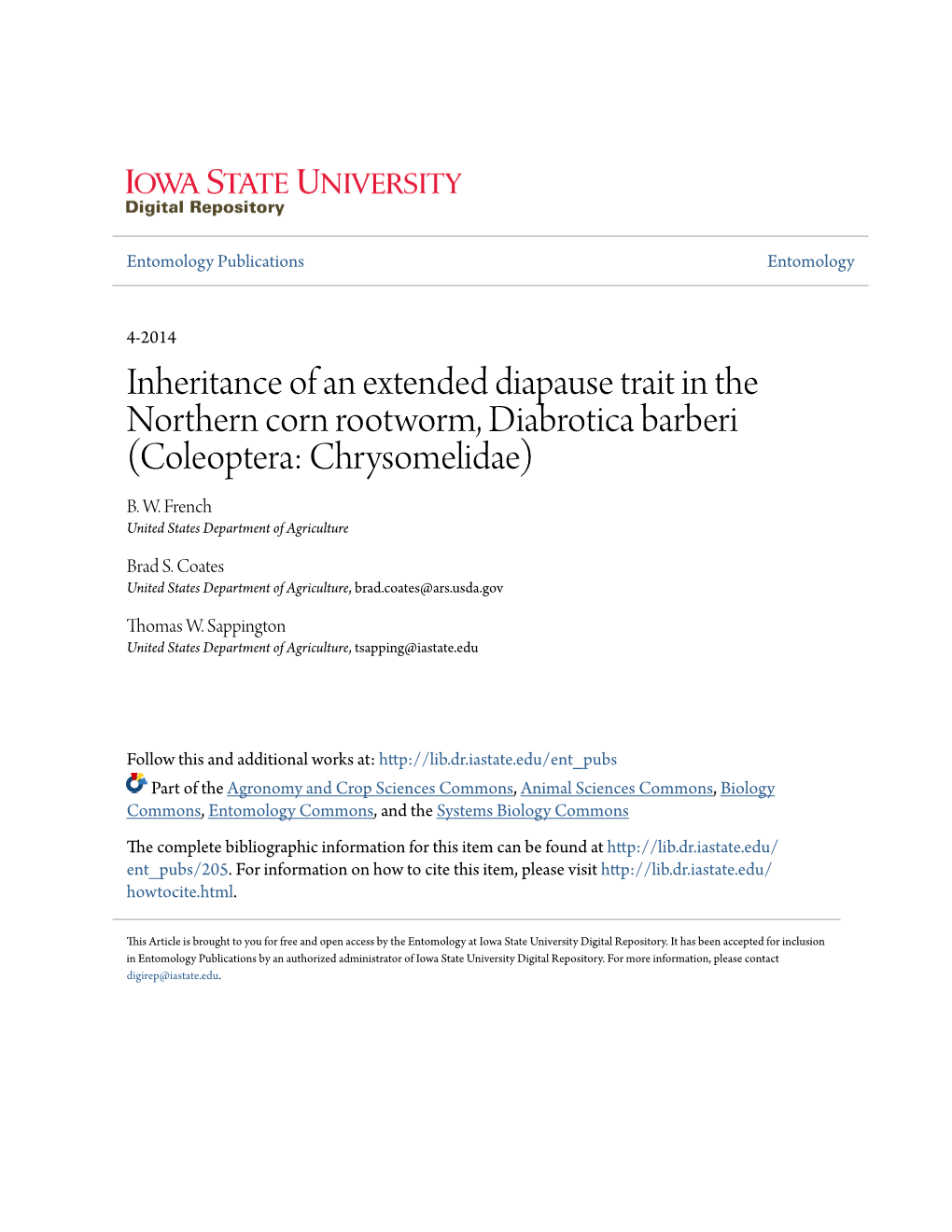 Inheritance of an Extended Diapause Trait in the Northern Corn Rootworm, Diabrotica Barberi (Coleoptera: Chrysomelidae) B