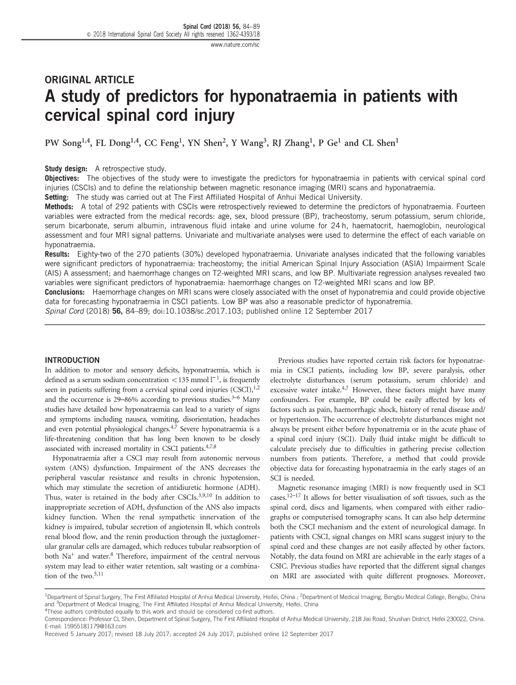 A Study of Predictors for Hyponatraemia in Patients with Cervical Spinal Cord Injury
