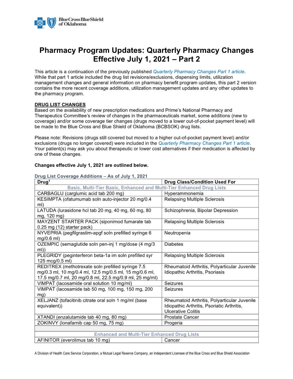 Quarterly Pharmacy Changes Effective July 1, 2021 – Part 2