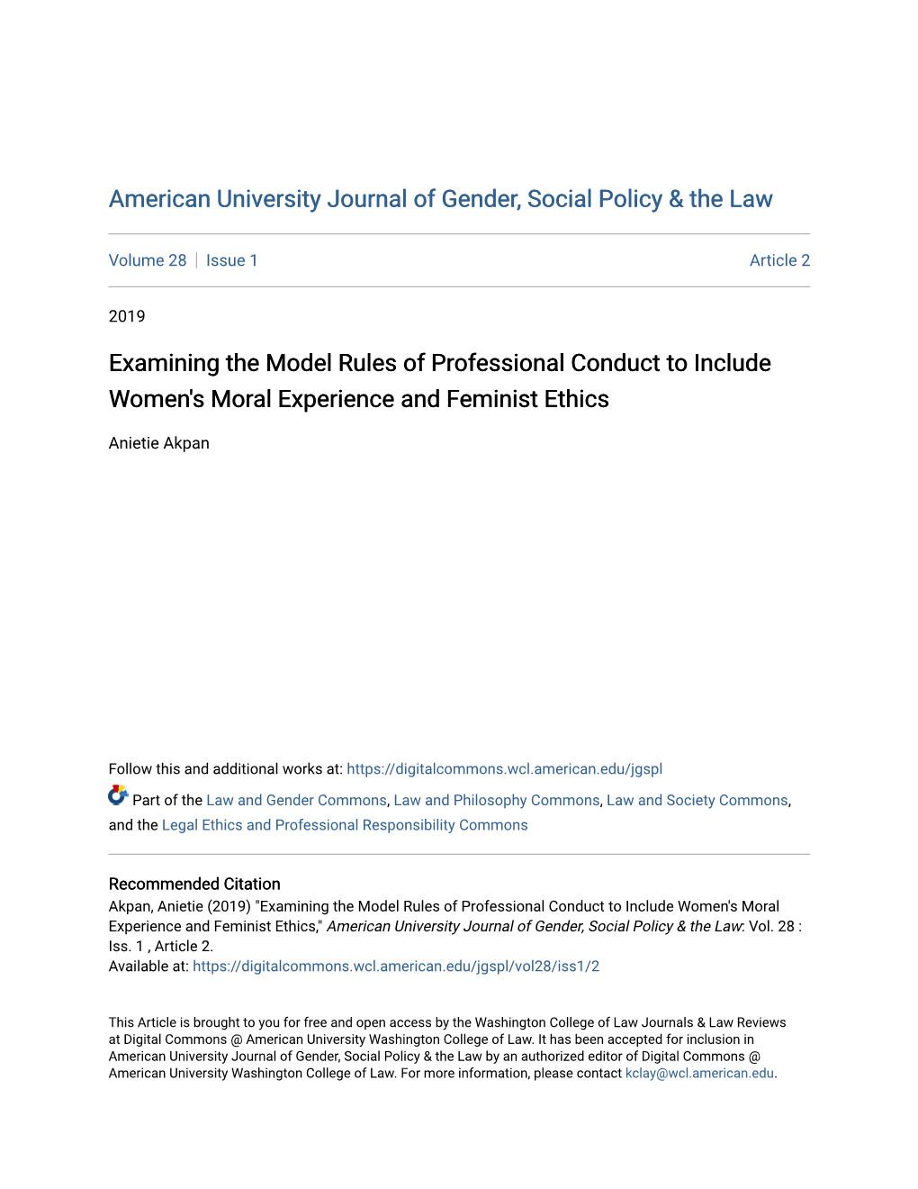 Examining the Model Rules of Professional Conduct to Include Women's Moral Experience and Feminist Ethics