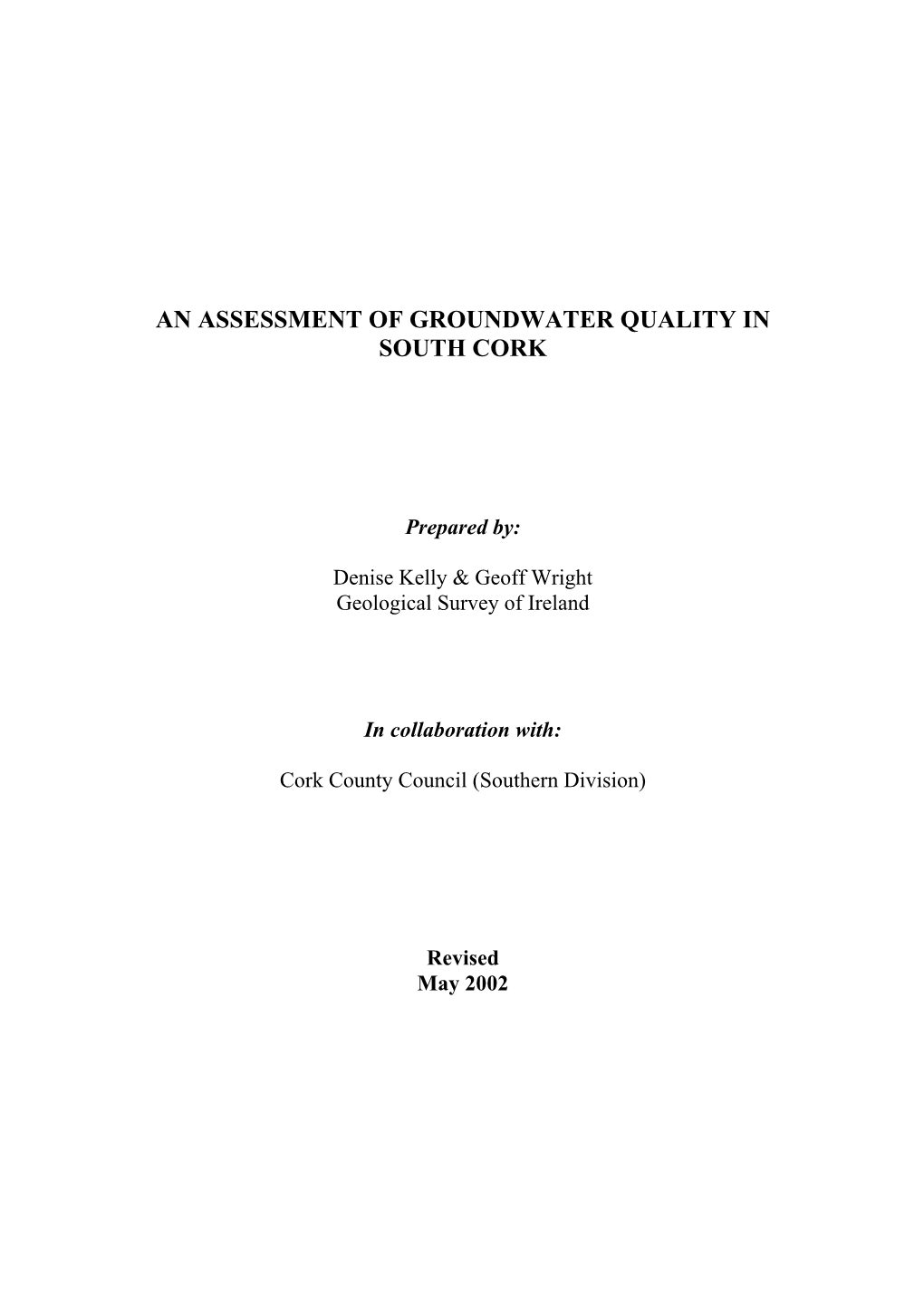 An Assessment of Groundwater Quality in South Cork