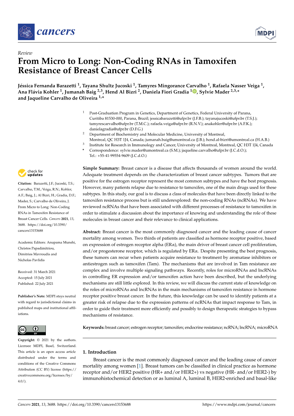 Non-Coding Rnas in Tamoxifen Resistance of Breast Cancer Cells