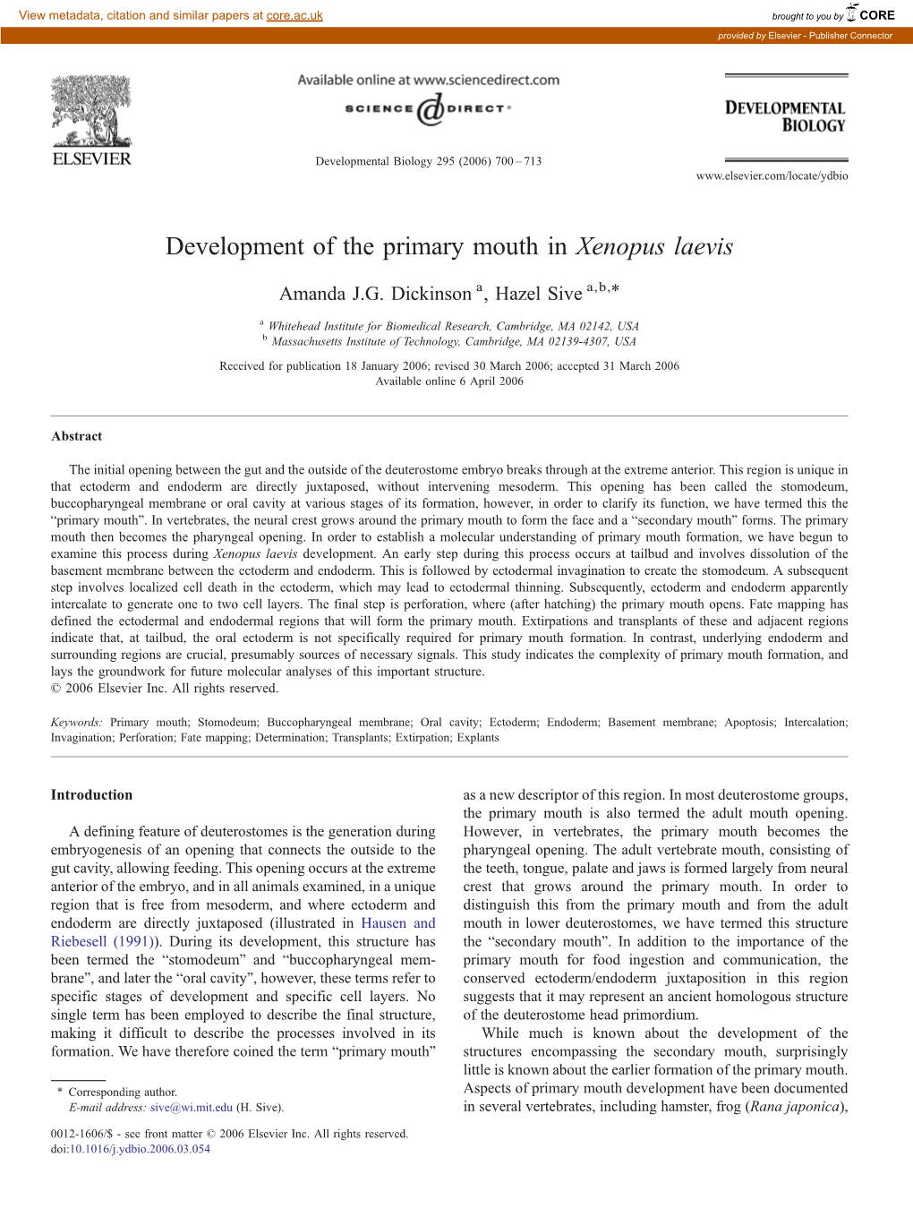 Development of the Primary Mouth in Xenopus Laevis ⁎ Amanda J.G