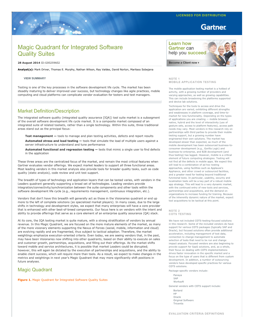 Magic Quadrant for Integrated Software Quality Suites