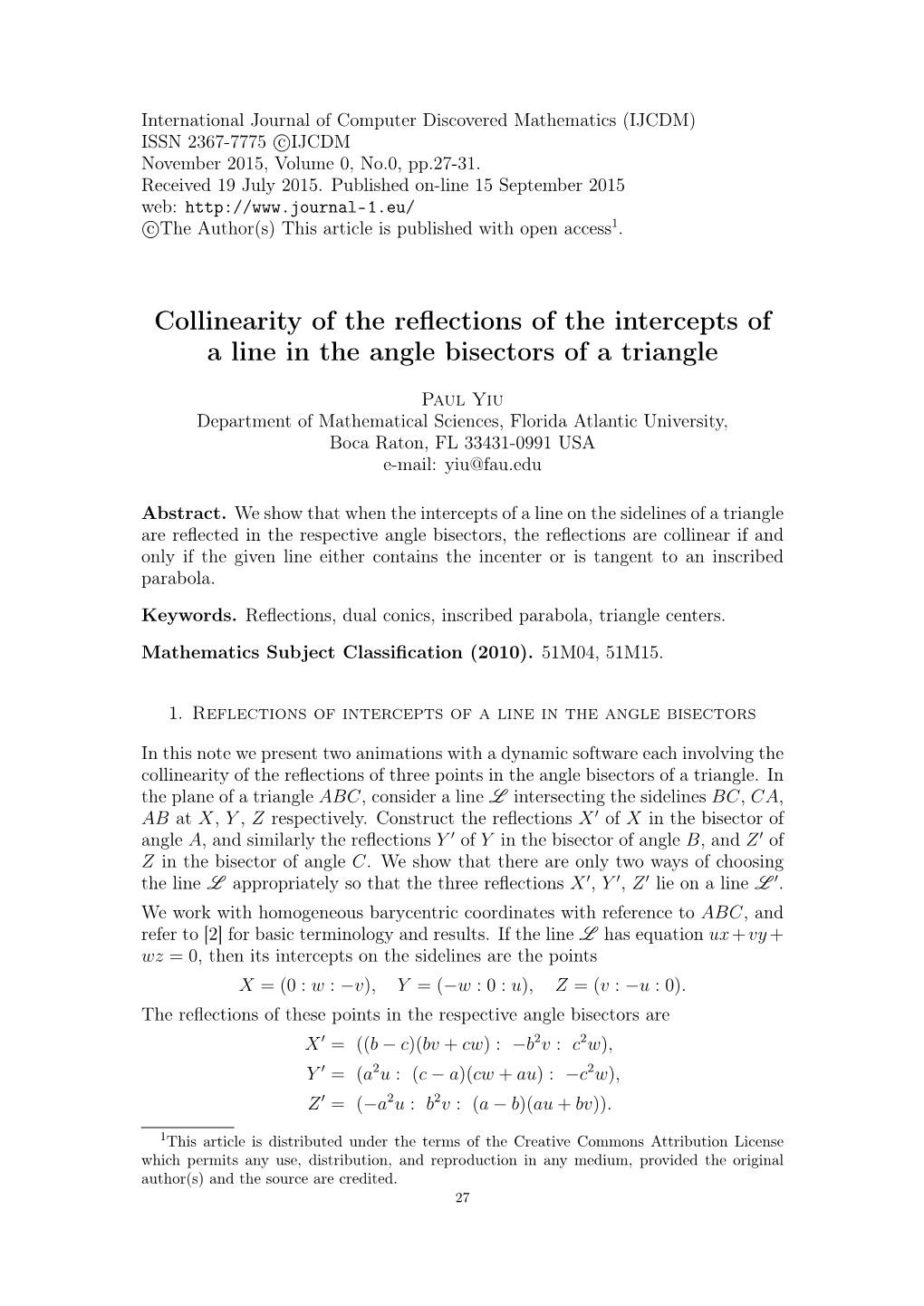 Collinearity of the Reflections of the Intercepts of a Line in the Angle