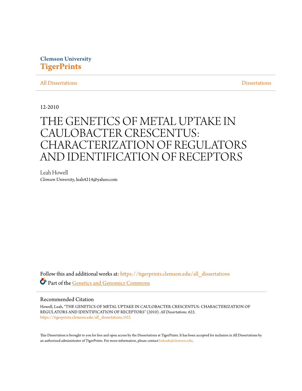 The Genetics of Metal Uptake in Caulobacter