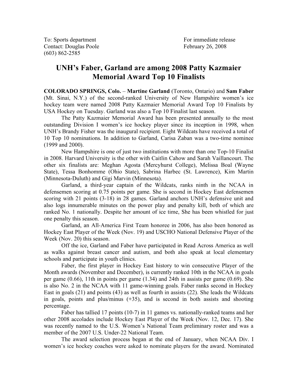 UNH's Faber, Garland Are Among 2008 Patty Kazmaier Memorial