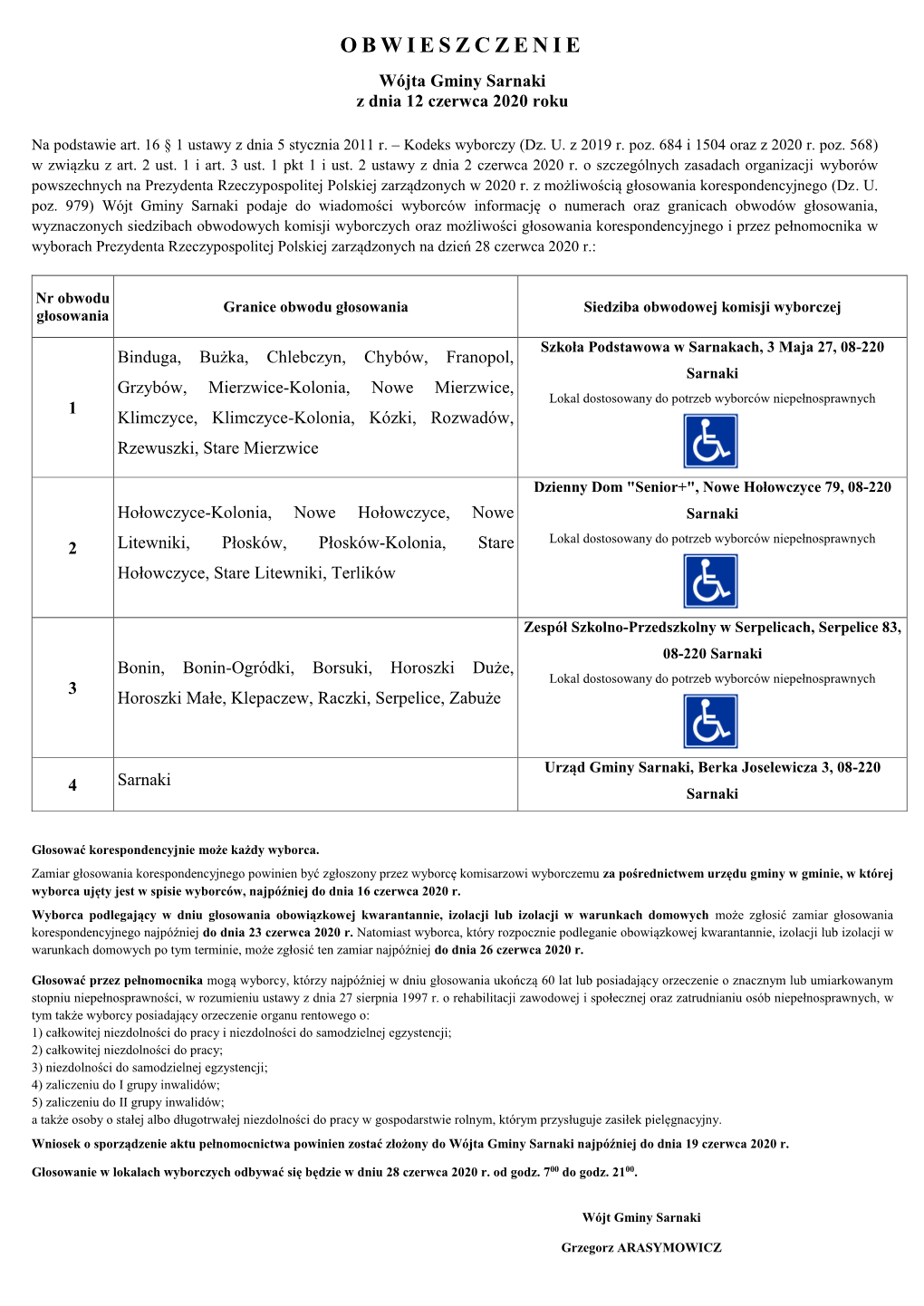 OBWIESZCZENIE Wójta Gminy Sarnaki Z Dnia 12 Czerwca 2020 Roku