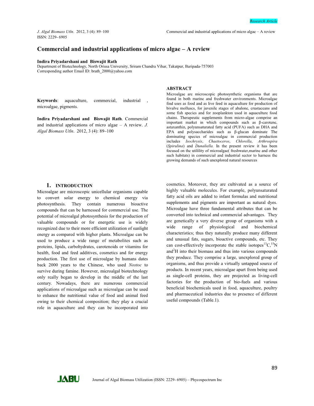 Commercial and Industrial Applications of Microalgae