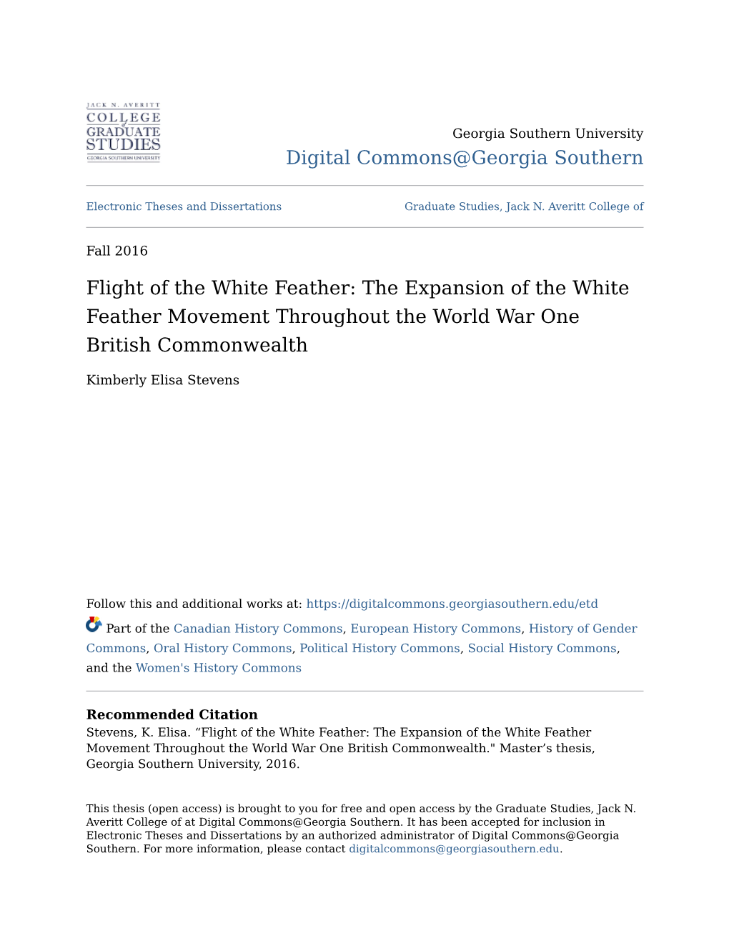 The Expansion of the White Feather Movement Throughout the World War One British Commonwealth