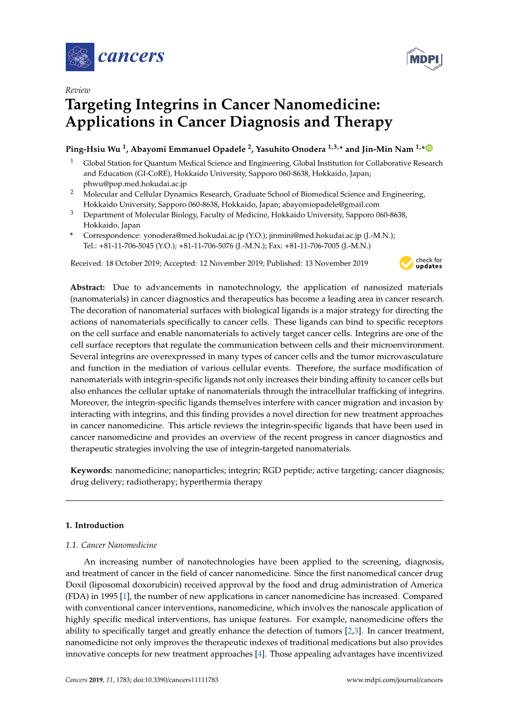 Targeting Integrins in Cancer Nanomedicine: Applications in Cancer Diagnosis and Therapy